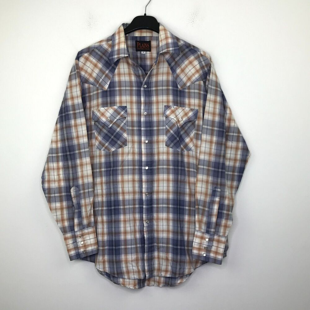 Plains Men's Medium Shirt Blue Beige Plaid Western Pearl Snap Long Sleeve CK30